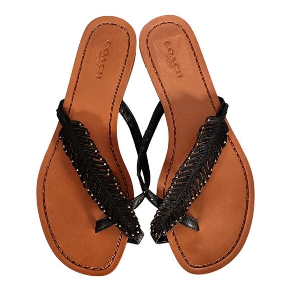 Coach Deni Feather Sandals Flats Black Leather Women's 7.5 B - Picture 4 of 7